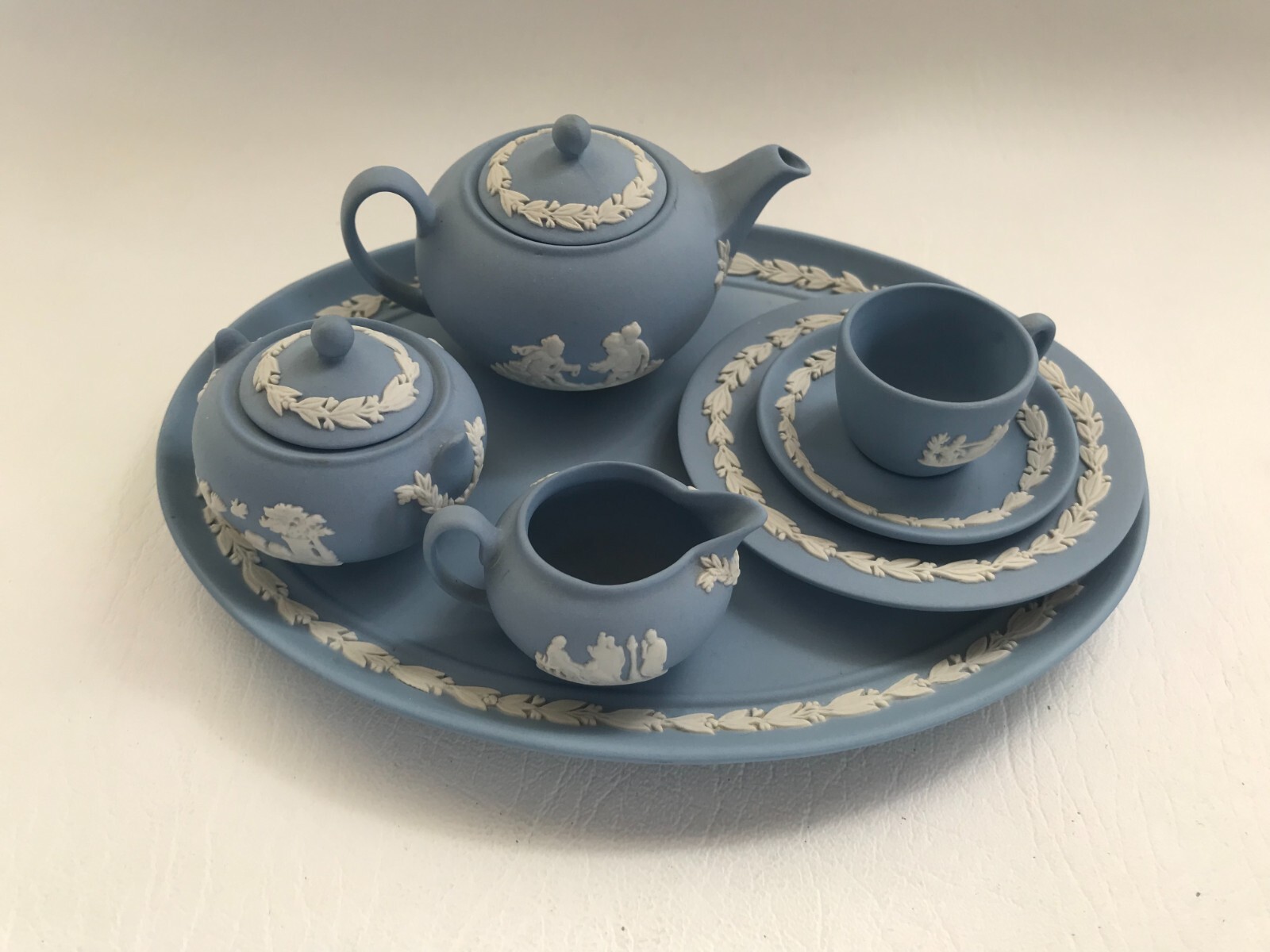 Wedgwood Blue jasperware Miniature Tea set in excellent