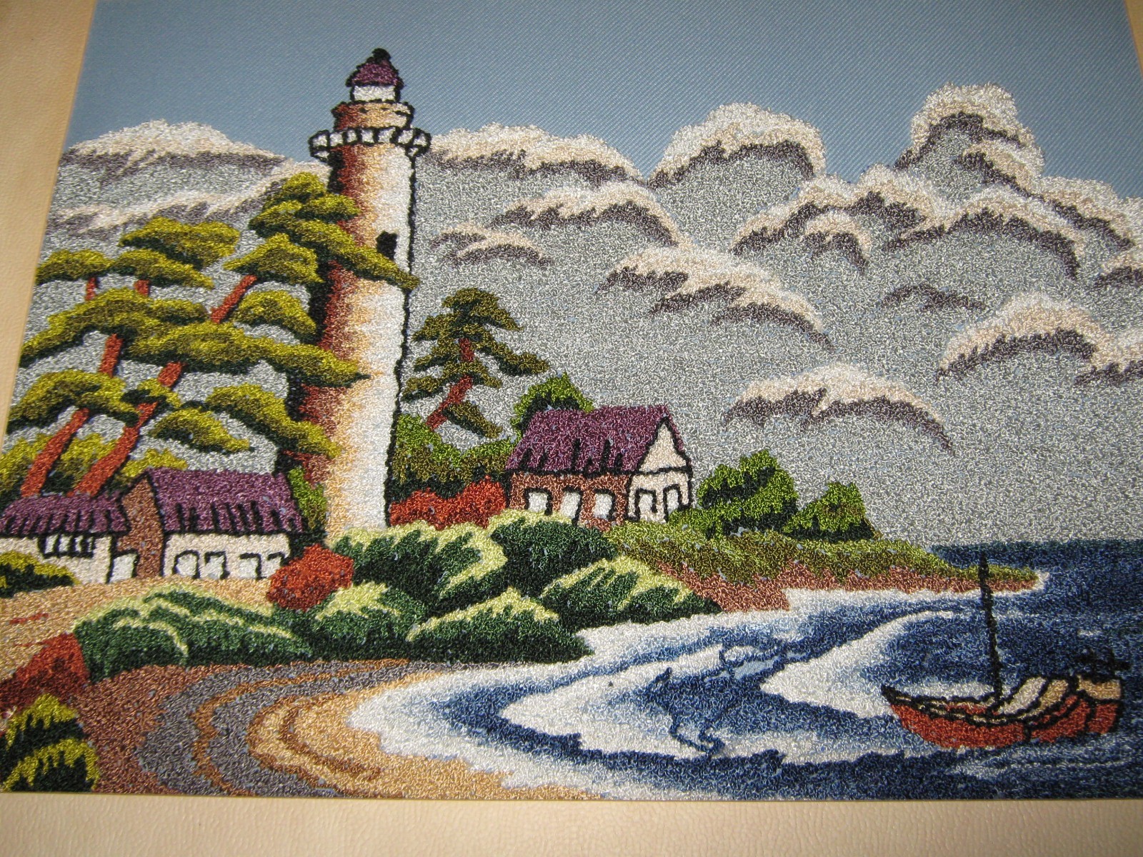 Vtg LIghthouse Landscape Picture Stump Work Punch Needlework Ocean Sea Shoreline
