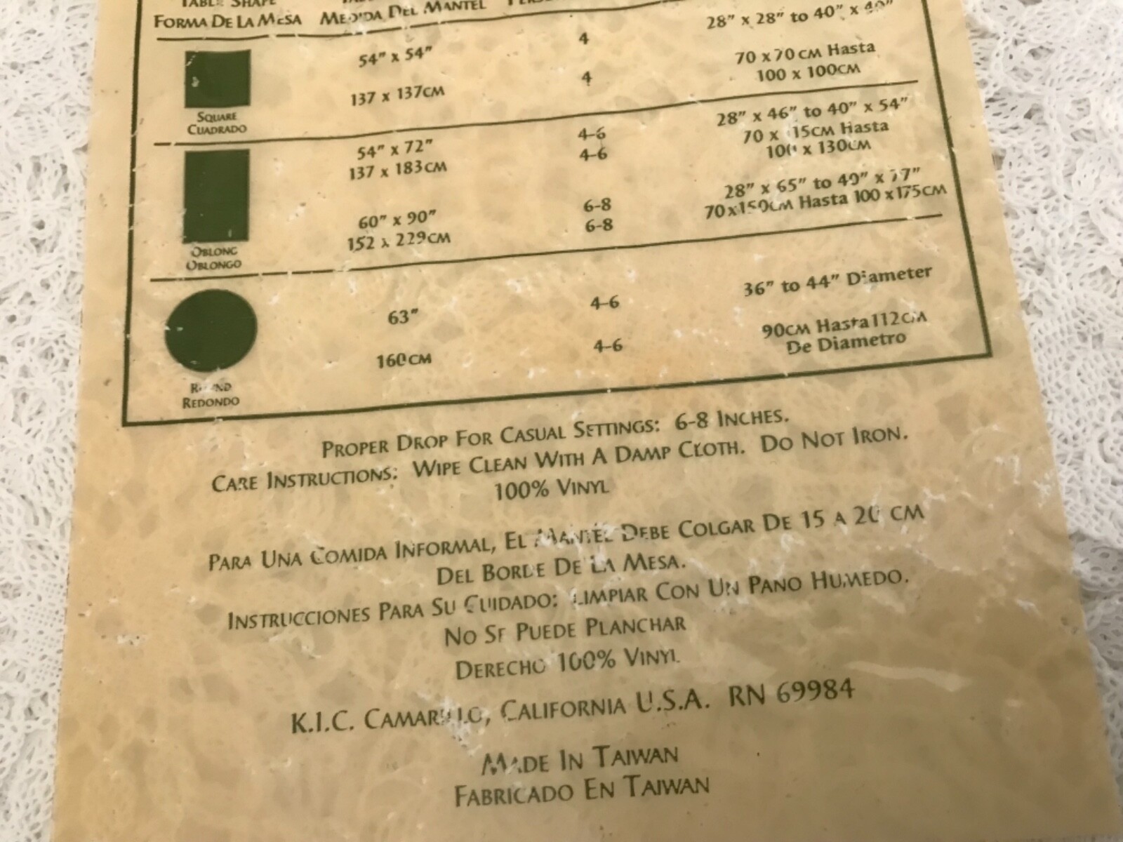 Kane 63” Round Lacey Vinyl Cream Tablecloth, New, Made in Taiwan