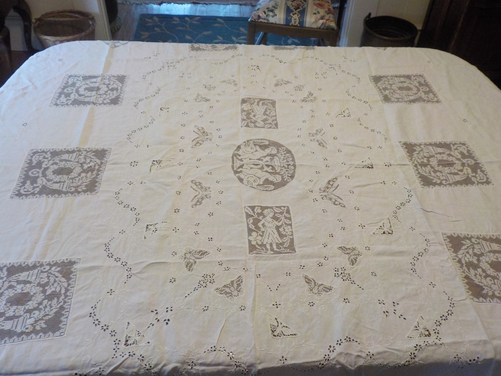Vintage  LARGE Handmade Embroidered Lace Tablecloth
