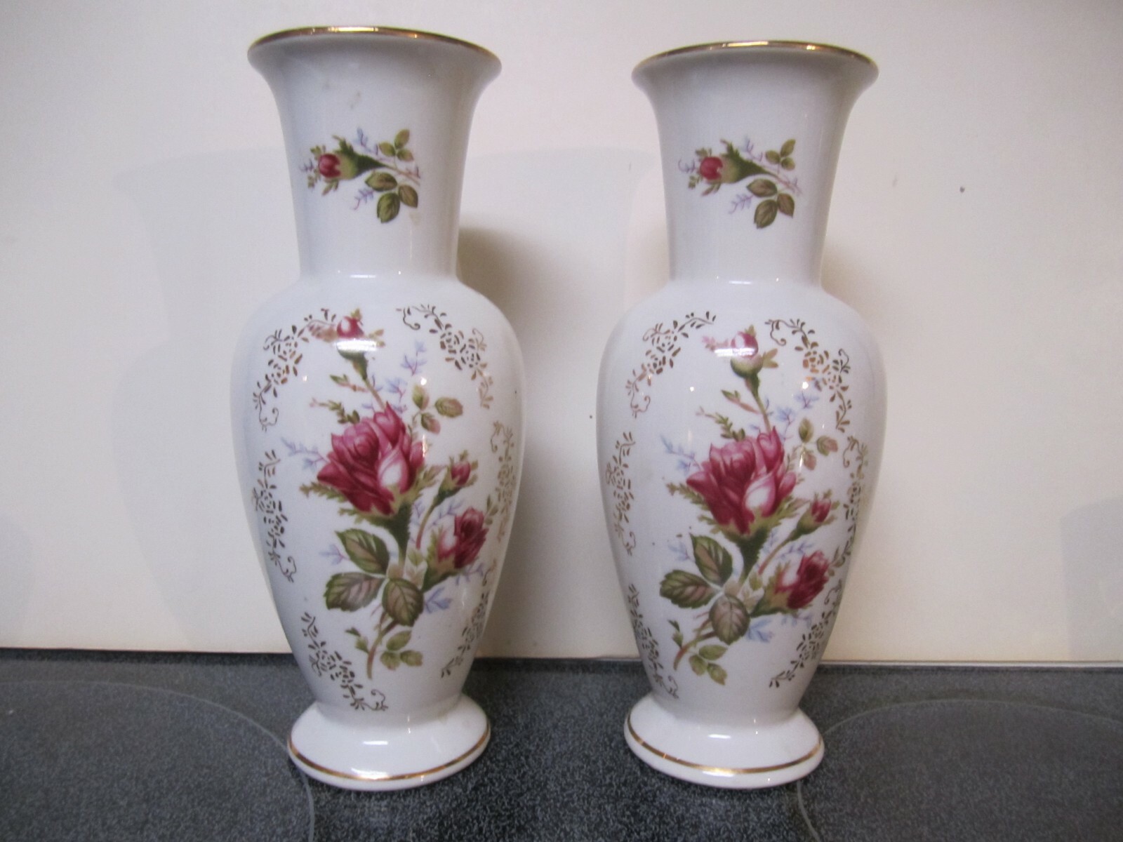 PAIR OF CHINA ROSE PORCELAIN VASES - VERY DECORATIVE - MADE IN JAPAN
