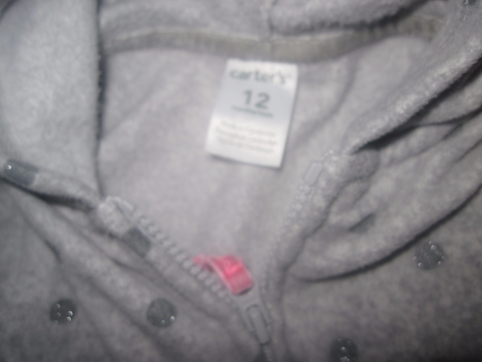 CARTER'S INFANT GIRLS GRAY SOFT FLEECY HOODIE-12 MO.-CUTE-WORN ONCE-METALLIC