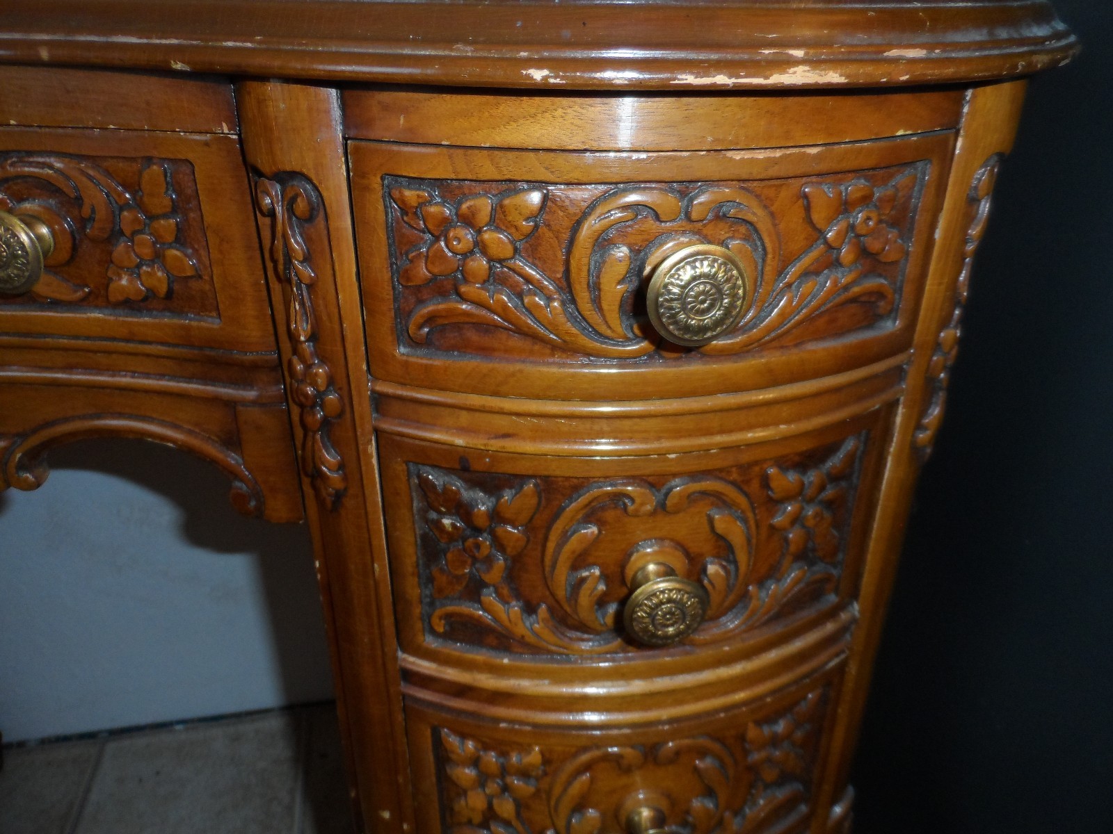 Antique Kidney Shaped Wood Desk with Glass Top--Beautiful--7 Drawers-L@@K!!!