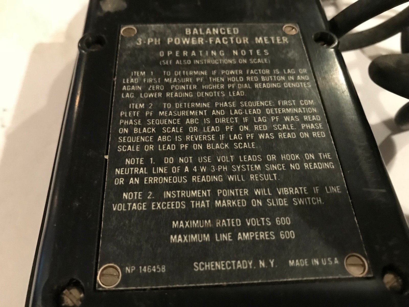 Vintage General Electric Balanced 3 Phase Power Factor Meter Amprobe 600 Volt