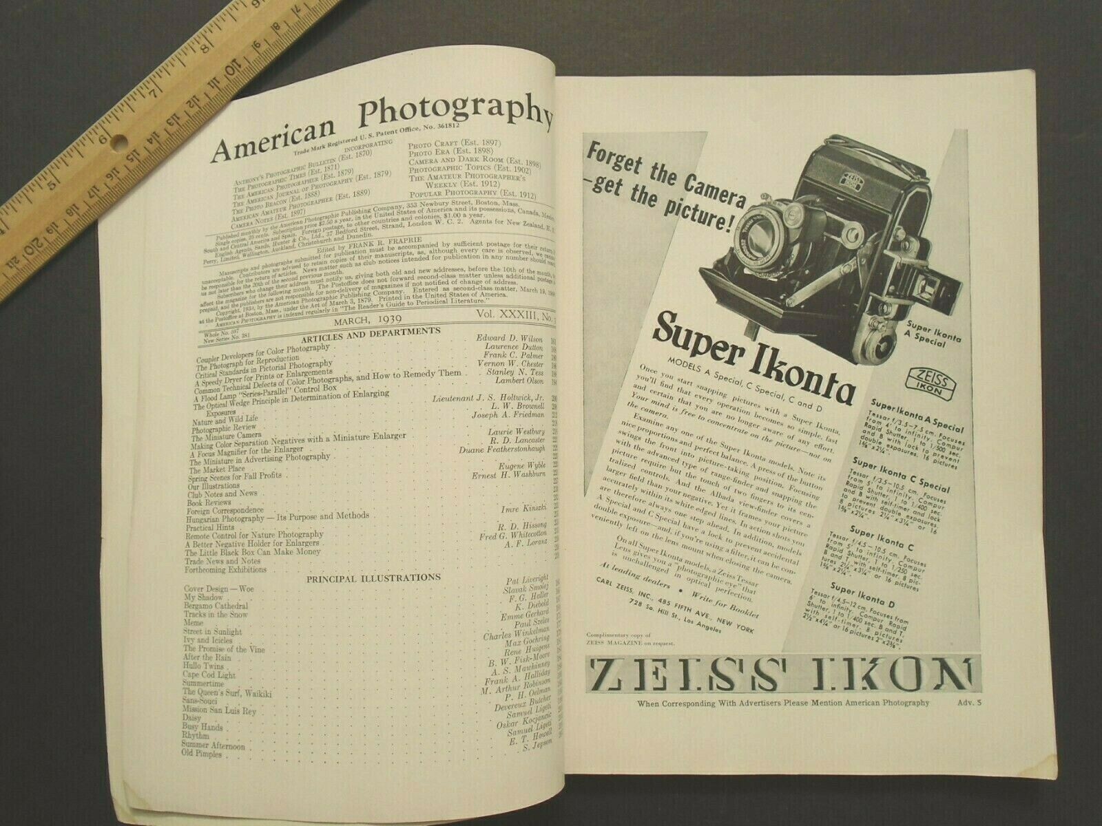 Vintage Magazine AMERICAN PHOTOGRAPHY March 1939 with 42 pgs CAMERA ADVERTISING