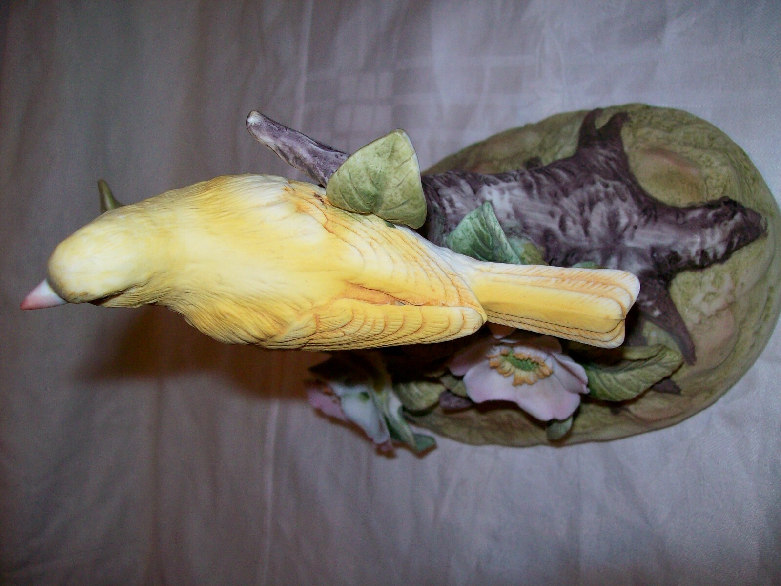 Canary by Andrea Sadek- Canaries on branch w/ Pink Flowers~Bisque Porcelain