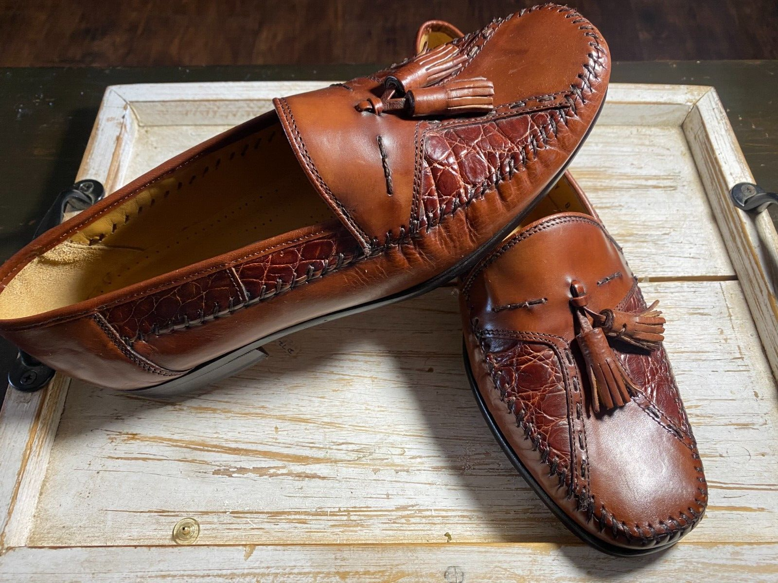 Sandro Moscoloni Brown Exotic Genuine Crocodile Penny Loafers Shoes Men\'s 10 Vintage SANDRO MOSCOLONI Size 11 Brown Textured Crocodile  main image 4