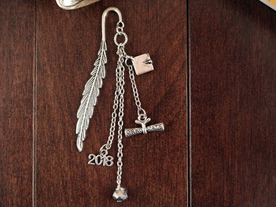 Grad 2018 Feather Bookmark Tibetan Silver Grad Cap, Year, Degree and Swarovski