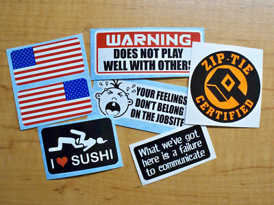 6-pack Funny Hard Hat Stickers | American Flags Zip-Tie Sushi Decals Sarcastic