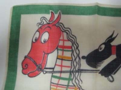 Vintage Children's Hankie DOG RIDING HORSE Signed Tom Lamb UNUSED NOS Turtle
