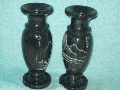 Older Pair Of Landscape & Seascape Design Marble Vases    w/ Asian Mark