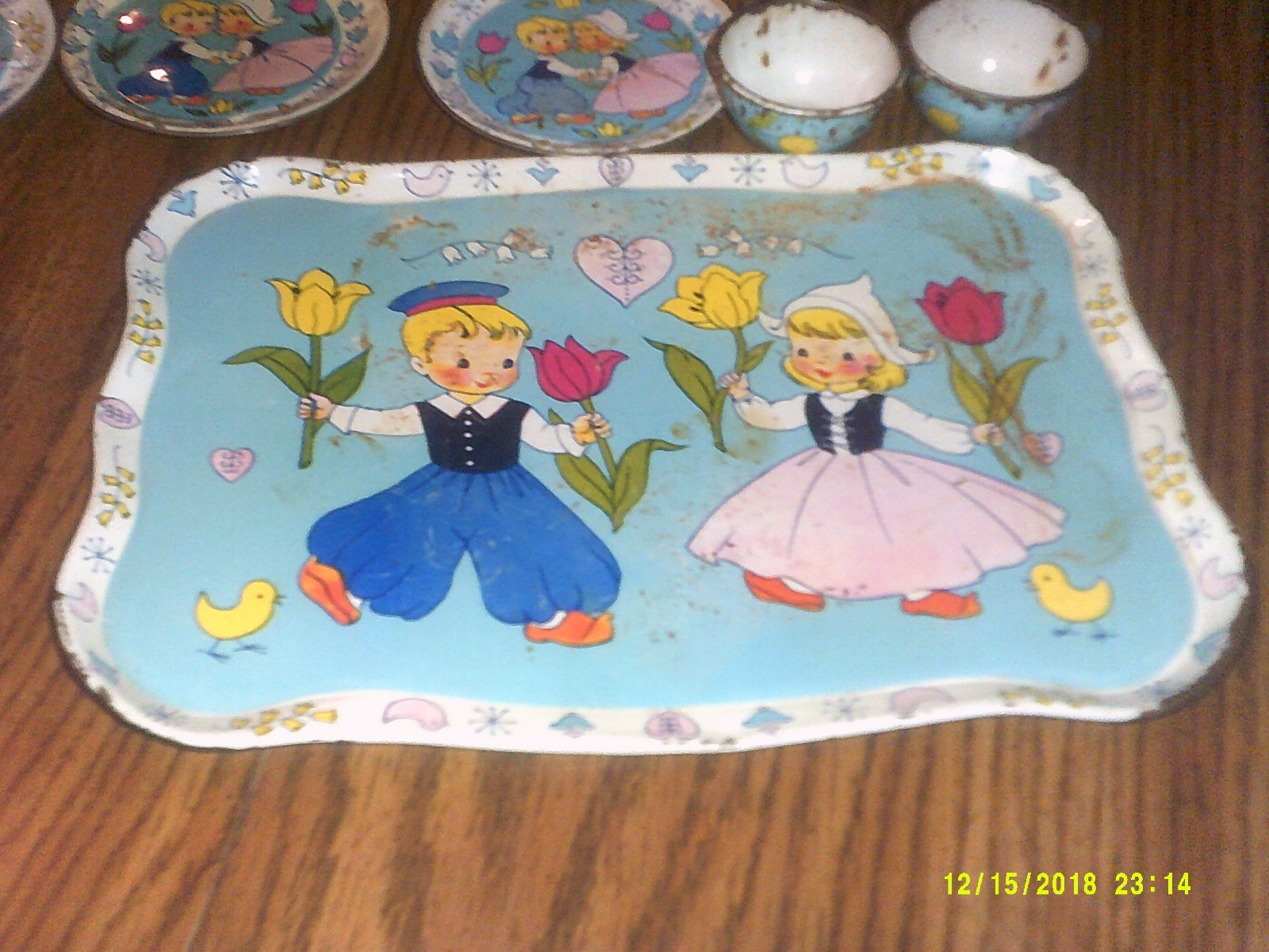 Vintage J.Chein Play Tin Dutch TrayPlates, Cups, Saucers   11 pieces USA