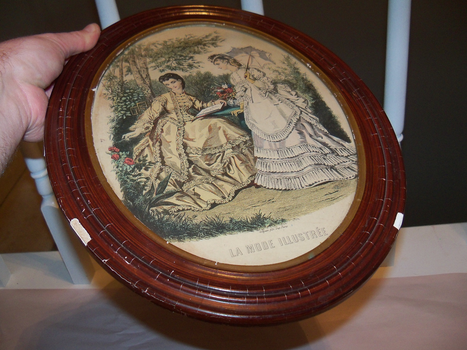 Antique Oval Wood PICTURE FRAME w/Vintage La Mode Illustree PRINT Gilguin Paris