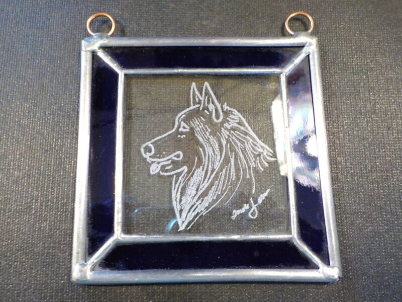 Belgian Tervuren hand engraved and signed glass panel with stained glass border