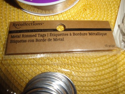 (1710) Hemp cord + findings + ribbon + Metal rimmed tags = a neato necklace!!!!!