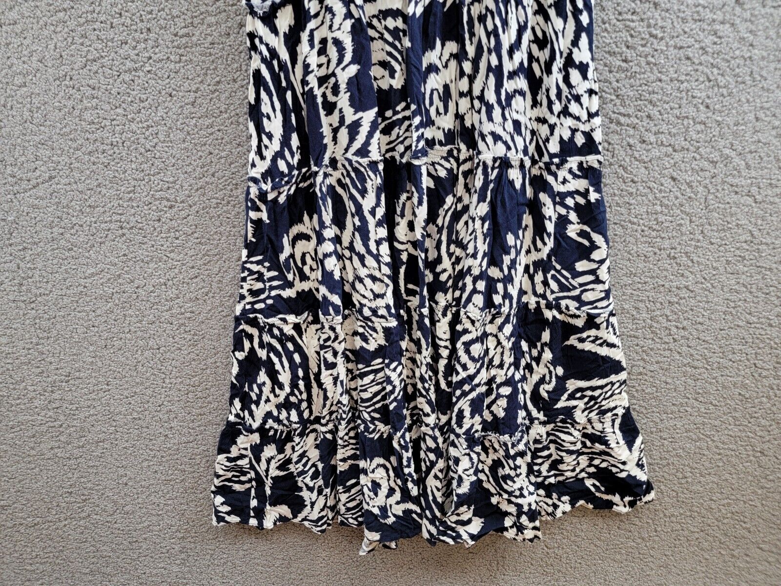 MSK Printed Smocked-Waist Tiered Maxi Dress Women's S Navy/White Split Neck - Picture 11 of 15