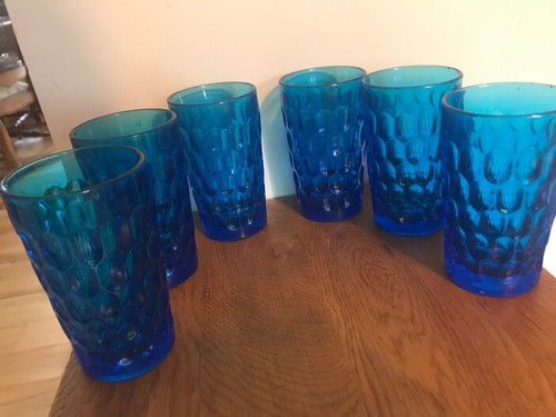Fenton Cobalt Blue Thumbprint 12 Oz Water Glasses. Set Of 6 Stamped FENTON