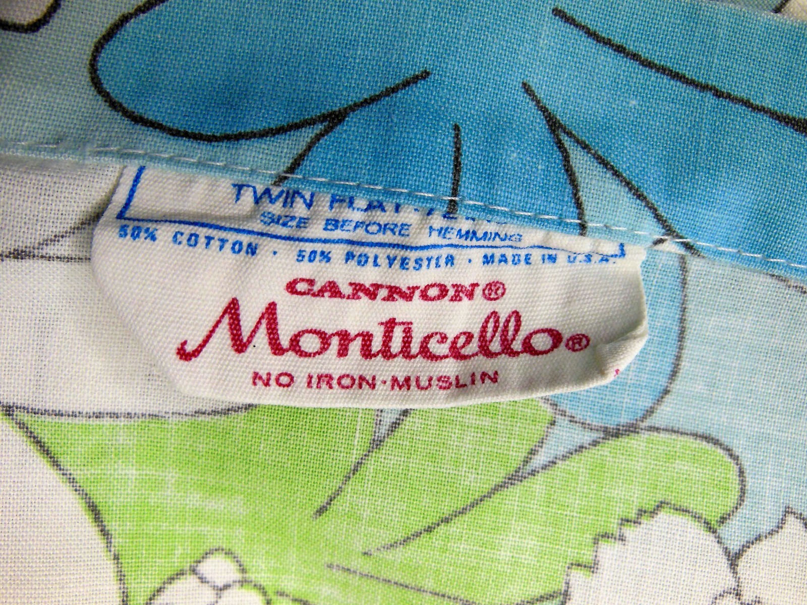 Vtg 1960s Cannon Monticello Twin Muslin Flat Sheet Blue Floral Daisy USA Made