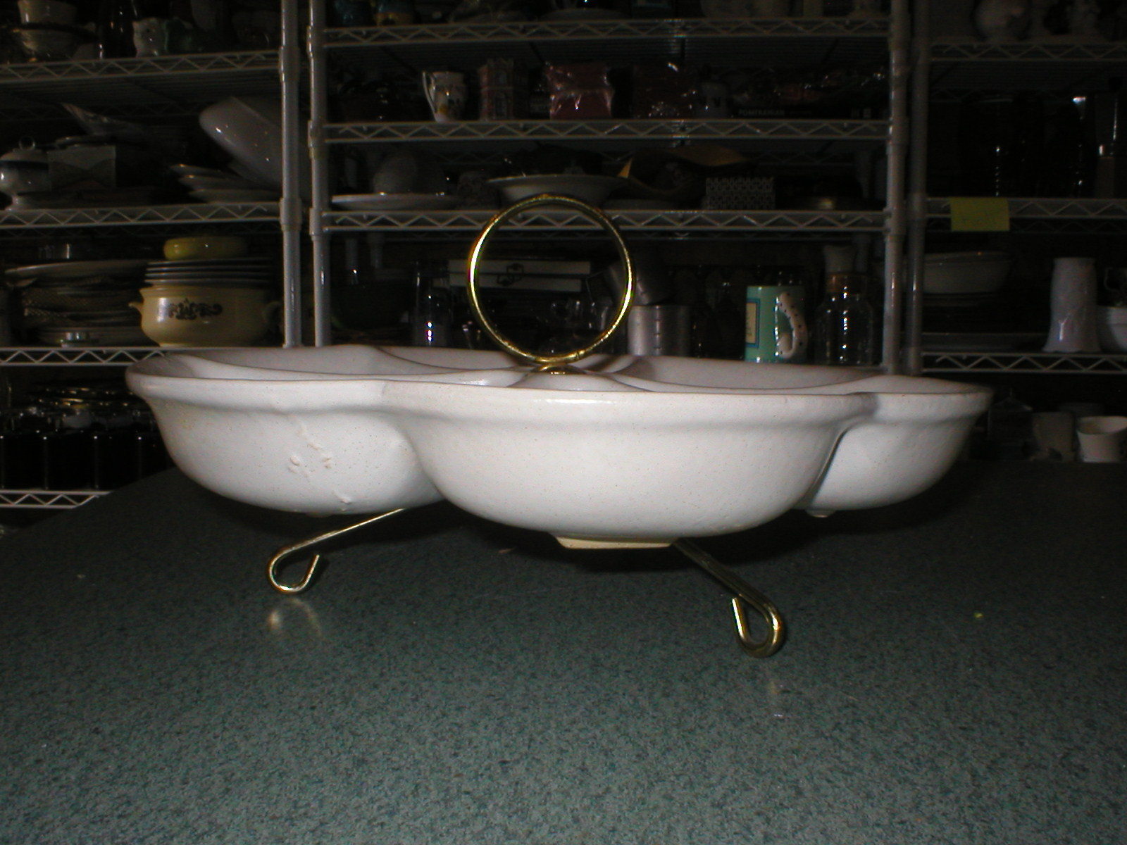 Vtg Mid Century Modern Relish Ceramic Divided Serving Dish Metal Feet Designs