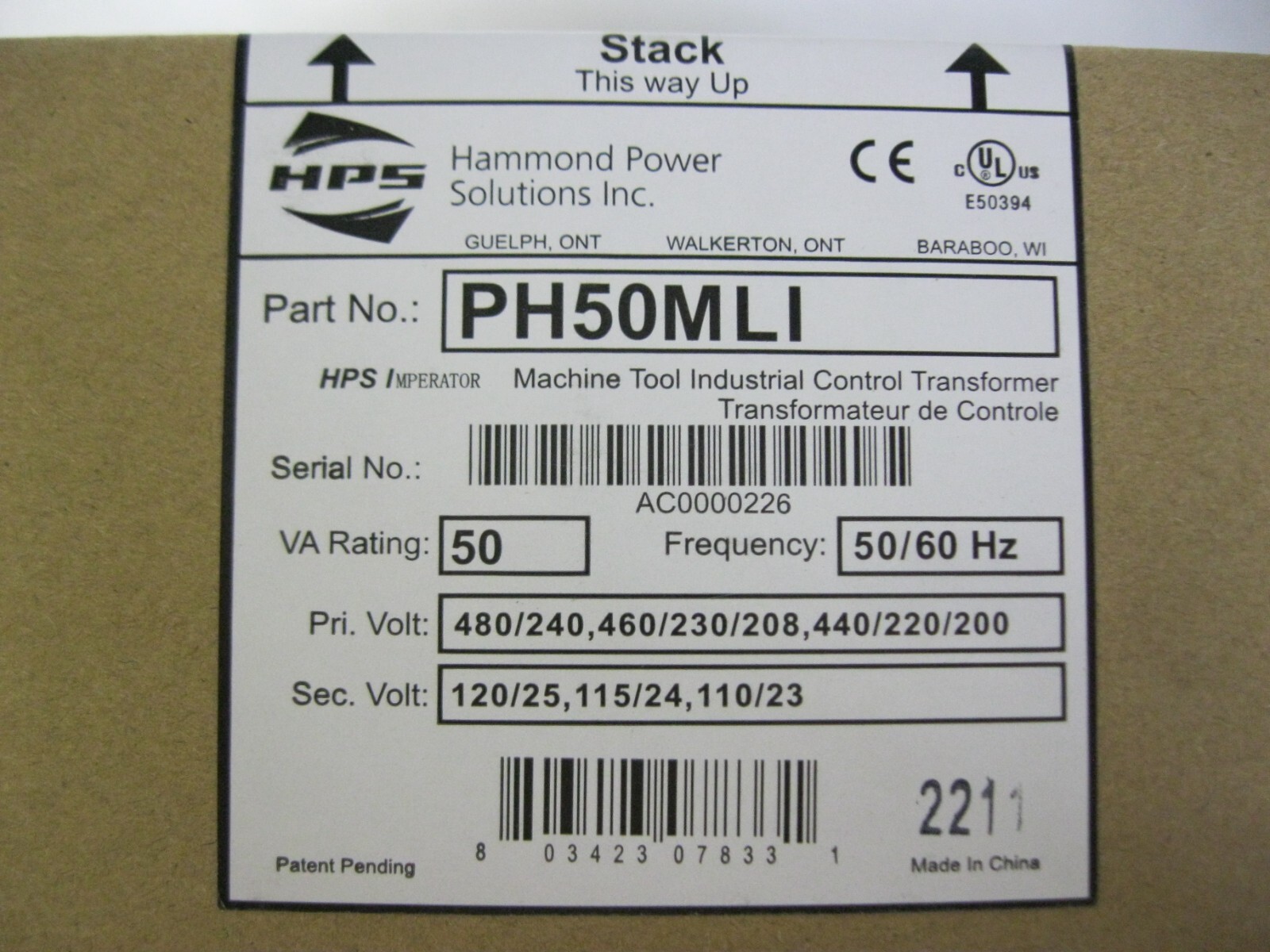 HPS PH50MLI 50 VA CONTROL TRANSFORMER 480/240 VAC Pri X 120 VAC Sec