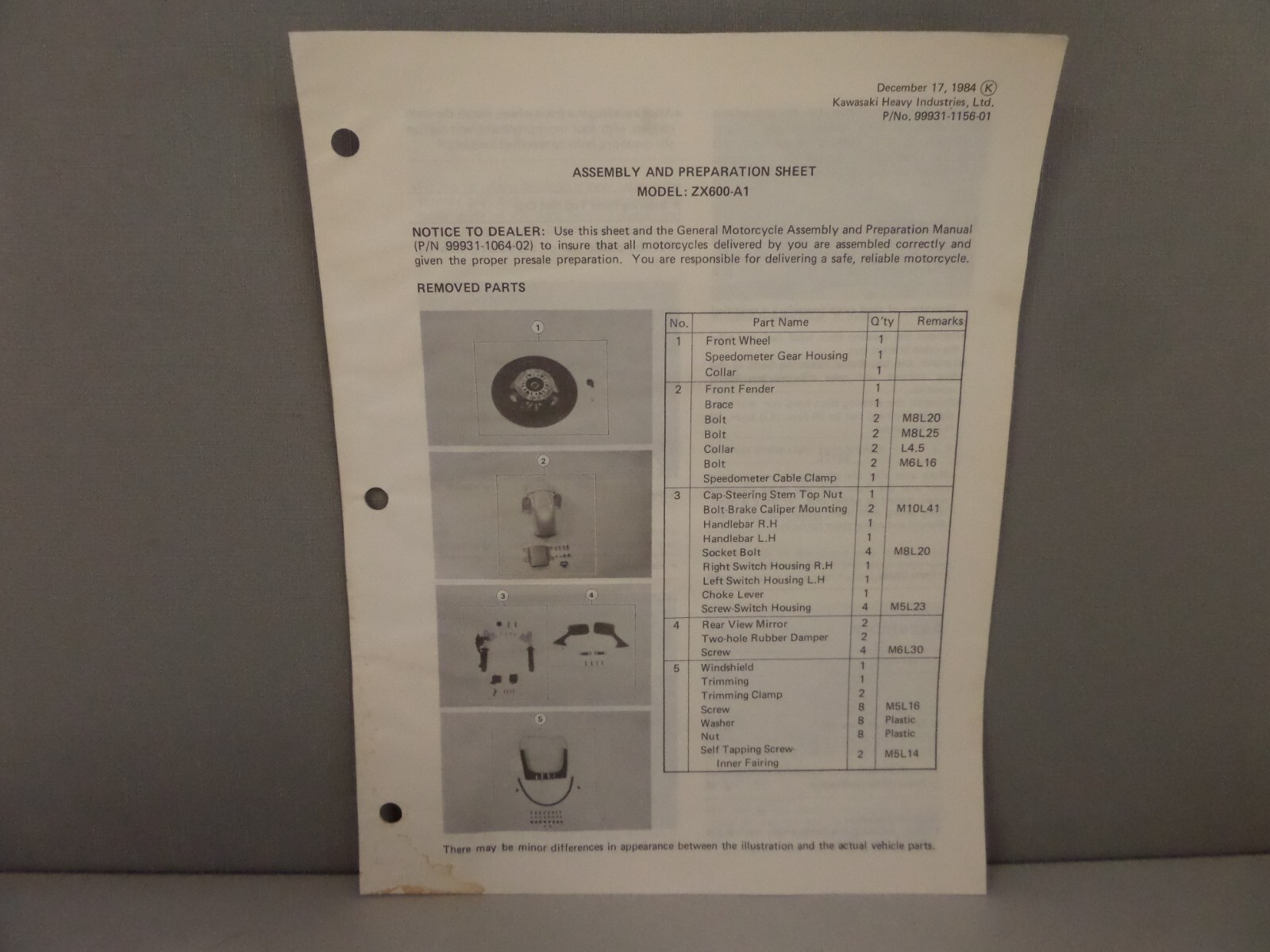 Kawasaki Factory Assembly & Preparation Sheet Model 1985 Kawasaki Factory Assembly & Preparation Sheet Model 1985