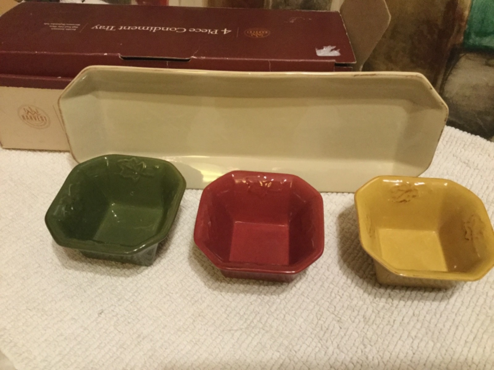 4 Piece Condiment Tray~1 Tray / 3 Bowls~ By Harvest~Durable Stoneware~