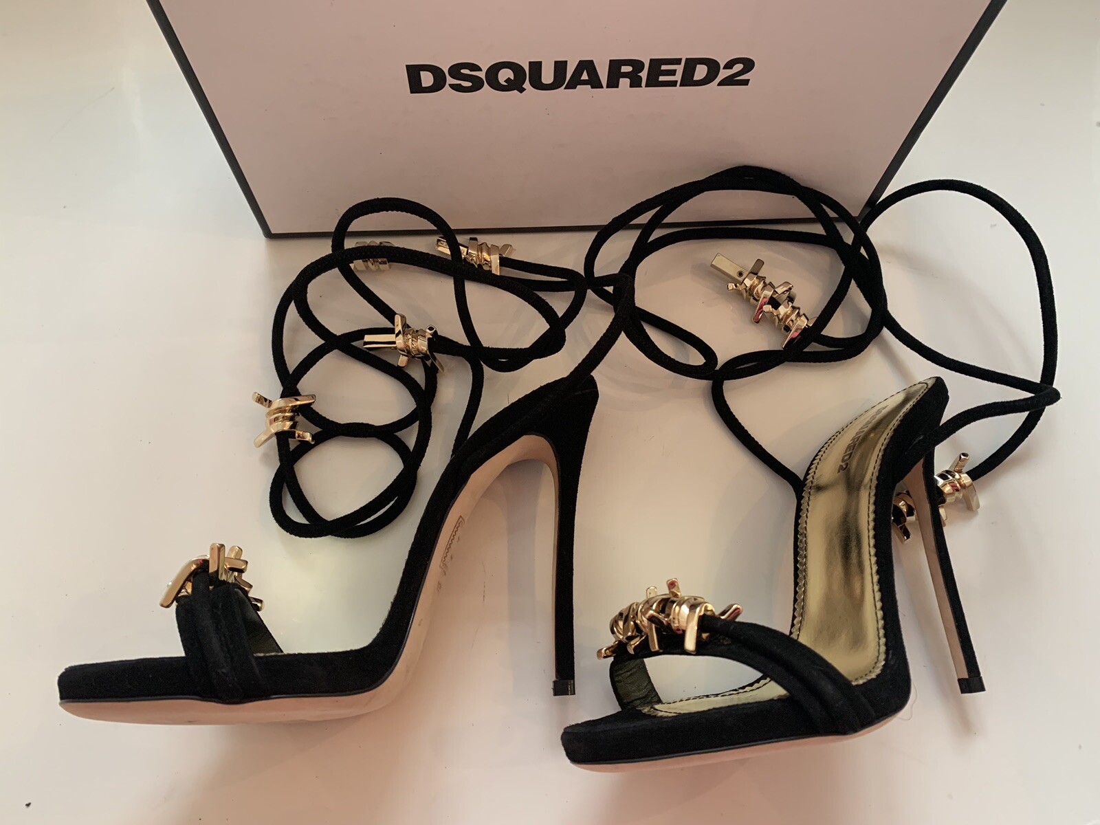 Pre-owned Dsquared2 $1140  6.5/37 Black Babe Barbed Wire Suede Ankle Tie Stiletto Sandals