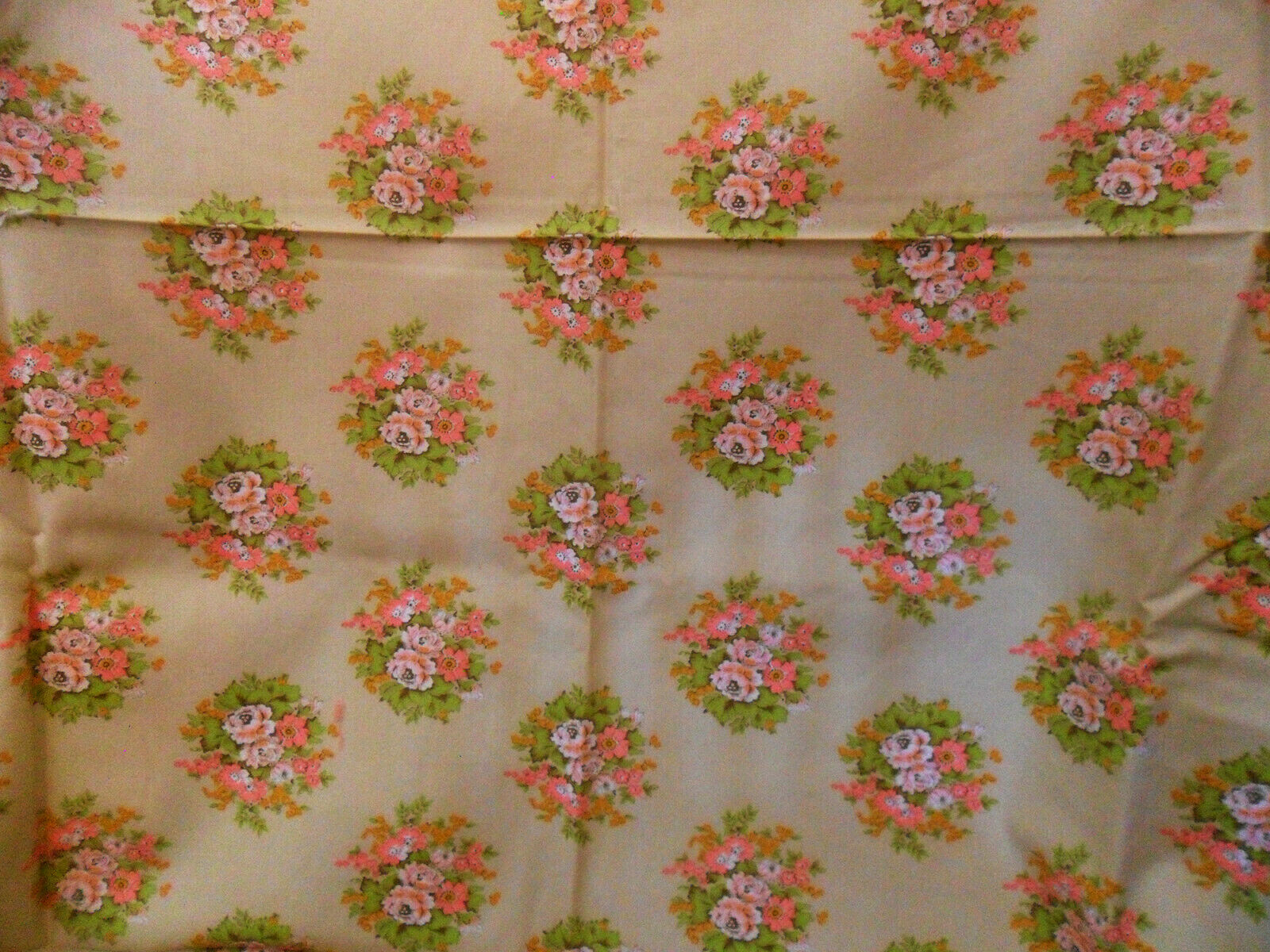 Vintage Cotton FABRIC Beige Pink Orange Flowers Roses Green Leaves 49 1/2