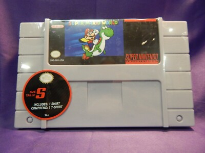 ThinkGeek SUPER NINTENDO GAME CARTRIDGE CASE SUPER MARIO WORLD SMALL T Shirt NEW