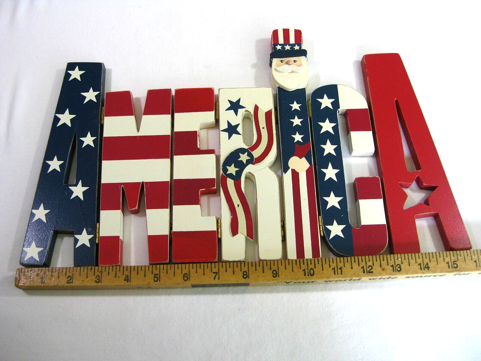 Patriotic Wooden Hinged AMERICA Word Art Sign Plaque Home Decor Uncle Sam