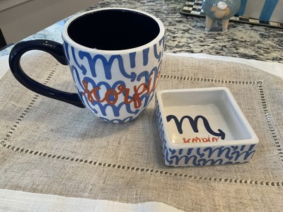 NWT Coton Colors Scorpio mug 3.5x4.5  trinket dish 1x3  blue,wht,orange