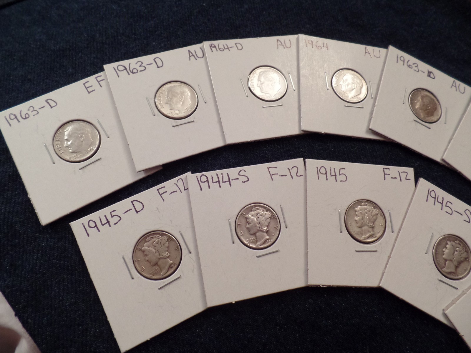 24 MERCURY & ROOSEVELT SILVER DIMES MIX DATES FINE TO AU 1942 TO 1964 NICE COINS