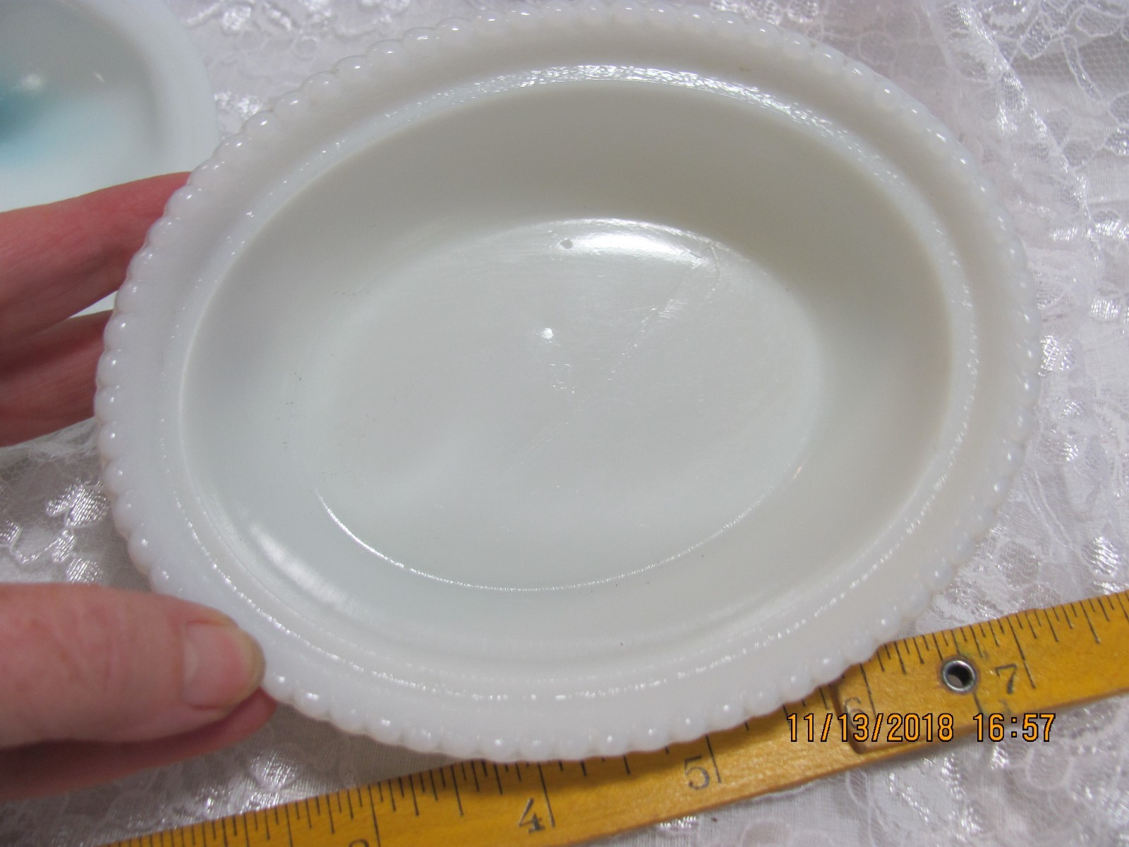 Vintage Westmoreland Hen On Nest Milk Slag Glass with Blue Head Dish #4