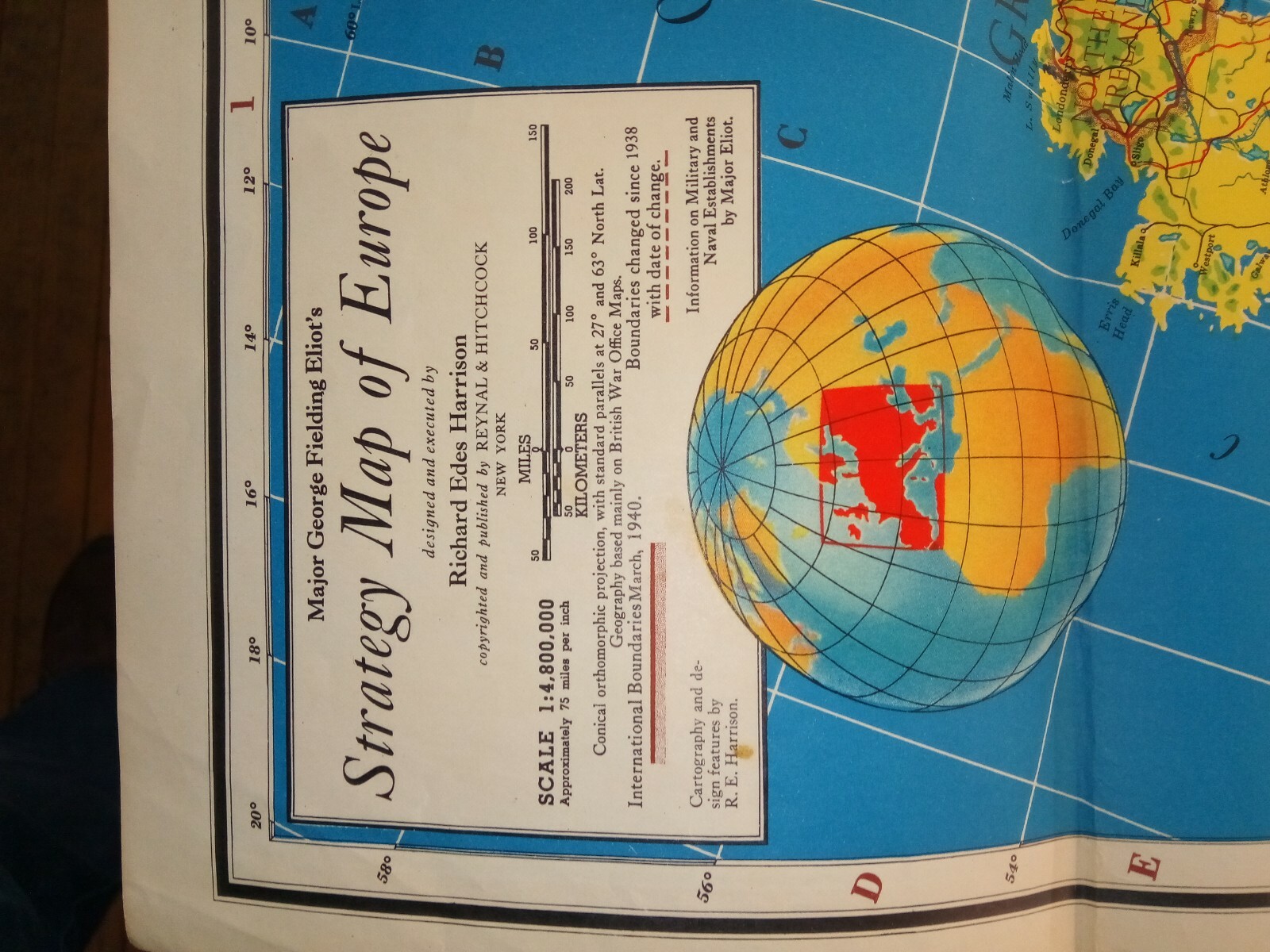 1940 Major George Fielding Eliots Strategy Map  Europe Military Geography WW II