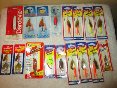 17 NIP FISHING LURES SPINNERS LOT MEPPS FLYING C BLUE FOX WORDENS DARDEVLE AGLIA