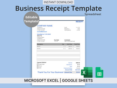 Business Receipt Template - Easy to Use Microsoft Excel & Google Sheets Template