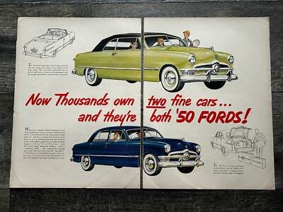 Vintage Car Ad 1950's Advertisement FORD Custom DeLuxe Coupe Sedan 1950 20x14