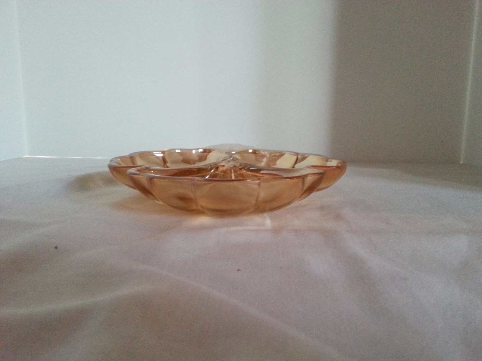 Jeannette Amber Iridescent Carnival Glass Clover Handled Relish Dish Bowl