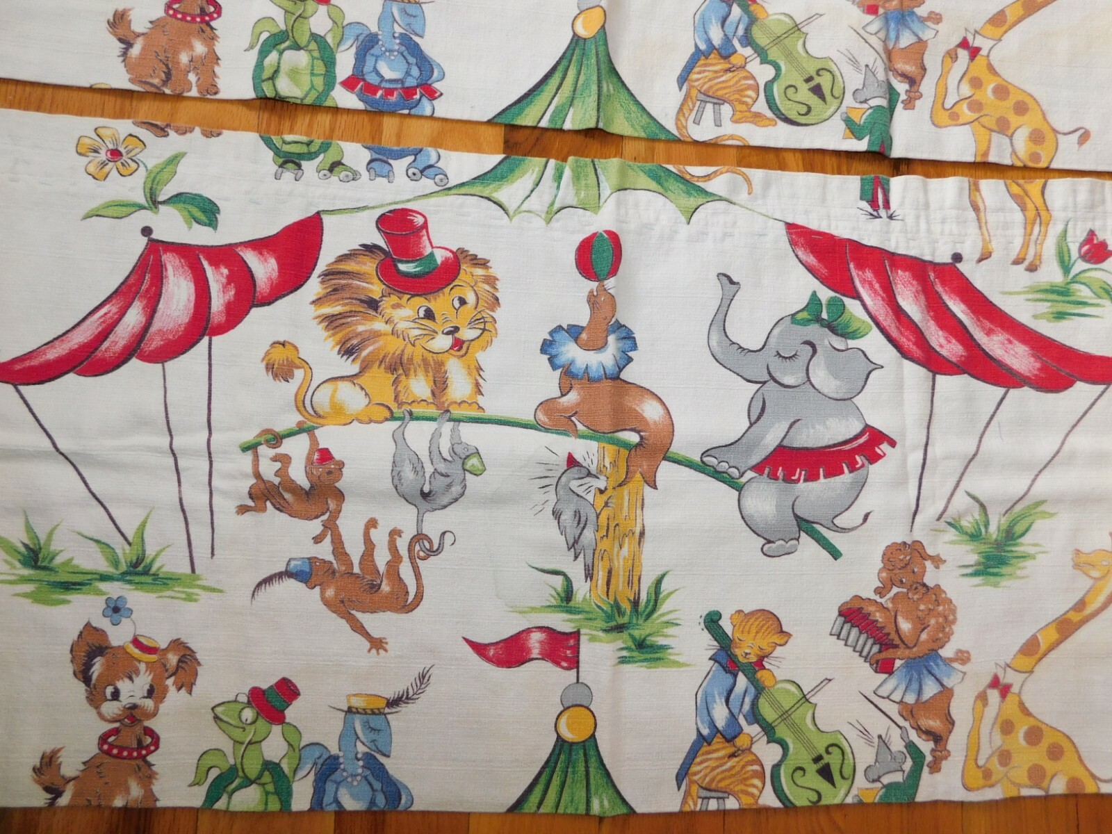 Bark Cloth Circus Curtains Pair Vintage Cat Poodle Giraffe Turtles Elephant