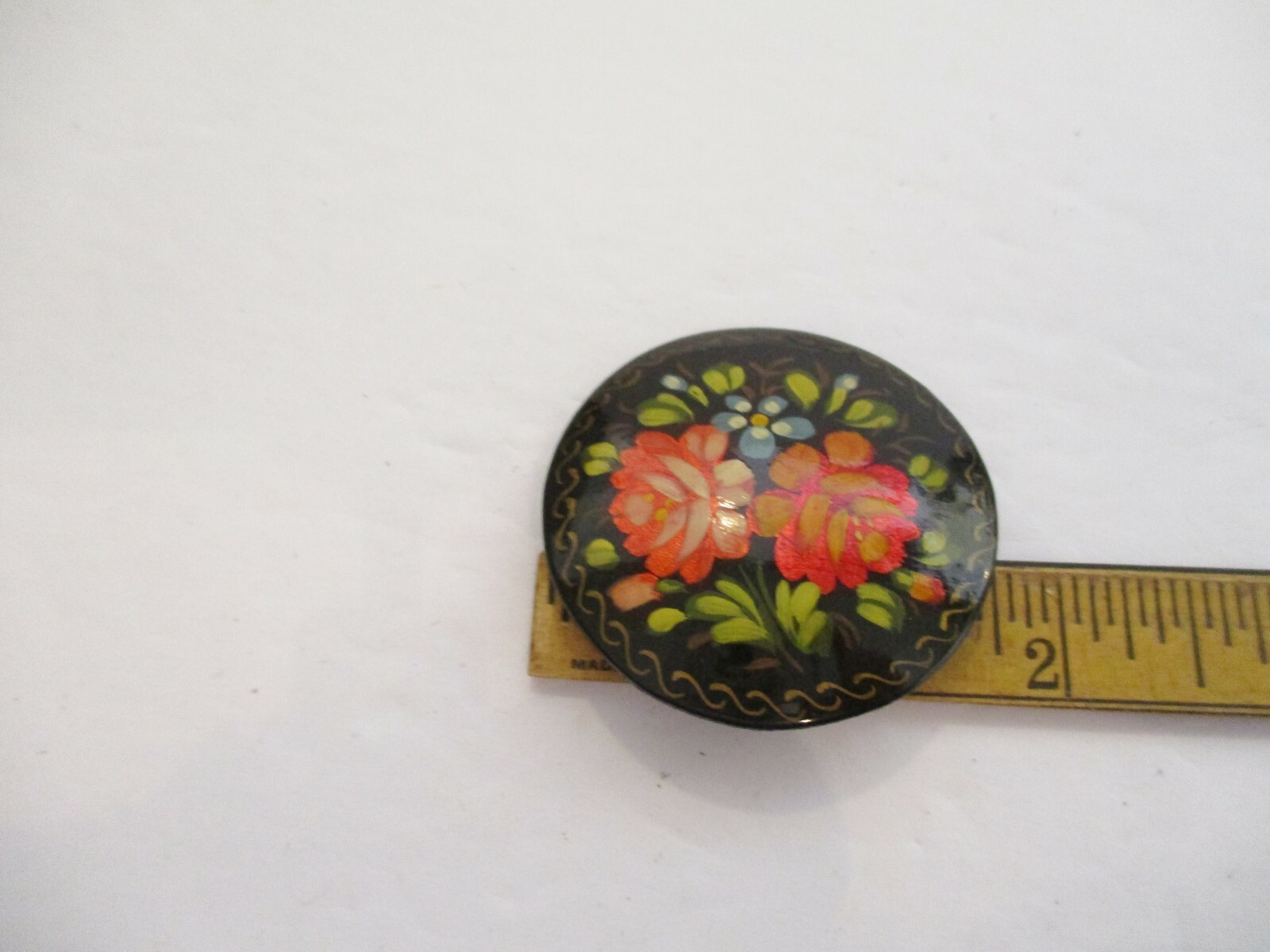 Vintage Russian Signed Hand Painted Red & Gold Floral Pin