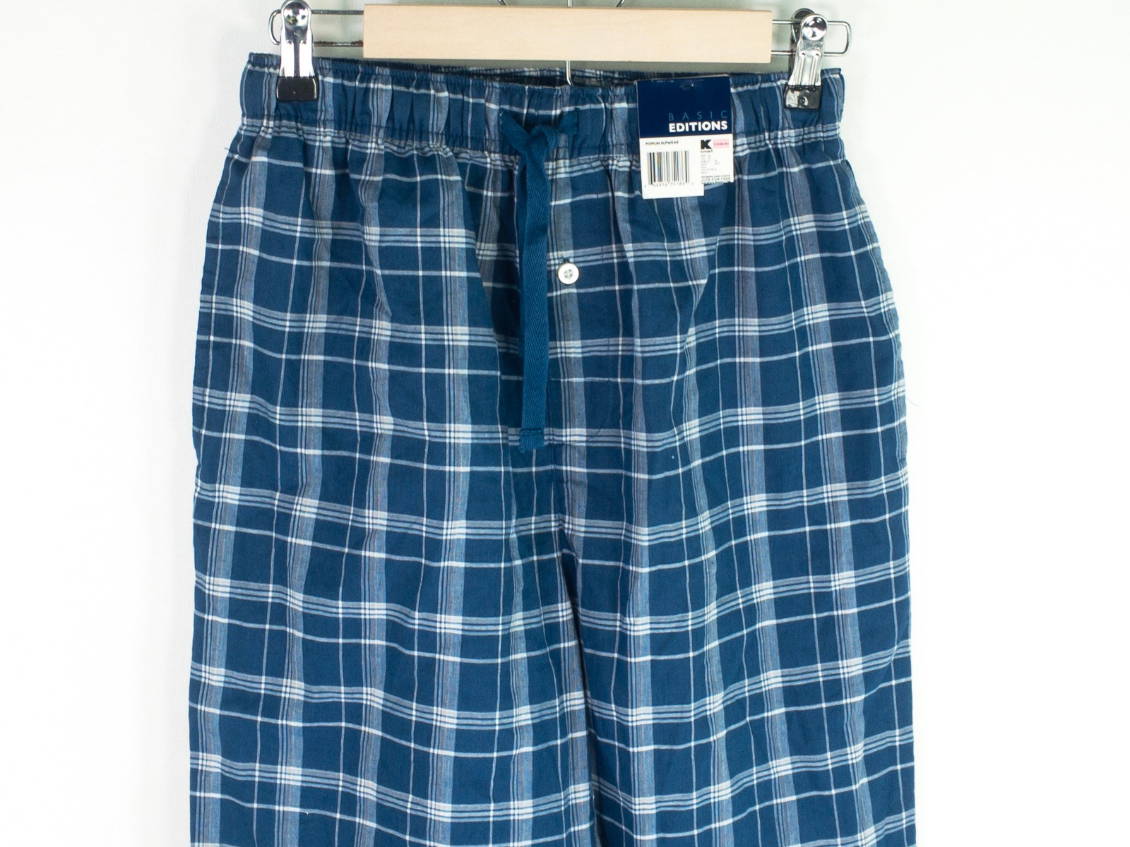 Basic Editions Mens Sleep Shorts Size Small Cotton Blend Blue Plaid Drawstring