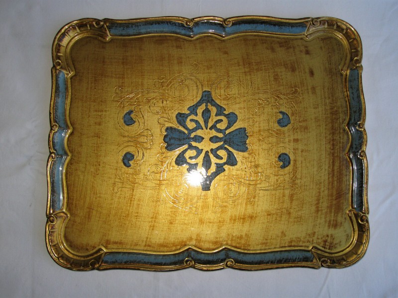 Plateau Florentin Bois Peint Et DorÃ-46 X 37 Cm-Serving Tray Florentine-NÂ°414