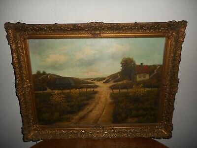 Original Antique Oil Painting Large Oil on Board 24X32 American Primitive Folk Art Style Landscape Waterfall River Trees