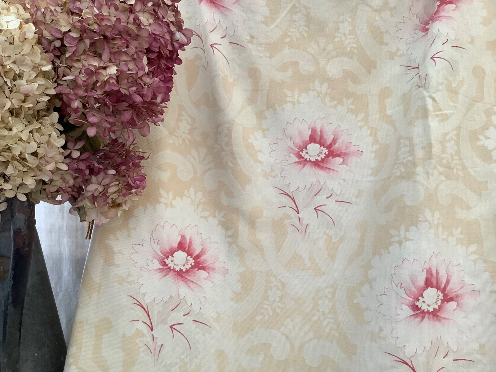Pale Yellow Floral Antique French Cotton Fabric Distressed