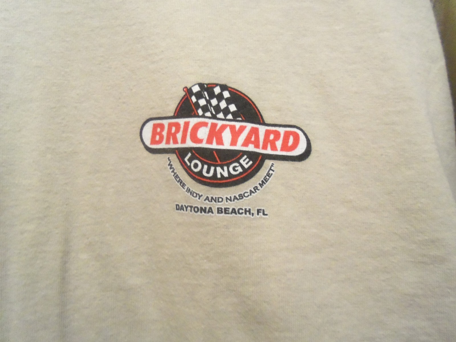Brickyard Lounge tan graphic Daytona L t shirt where INDY n NASCAR meet