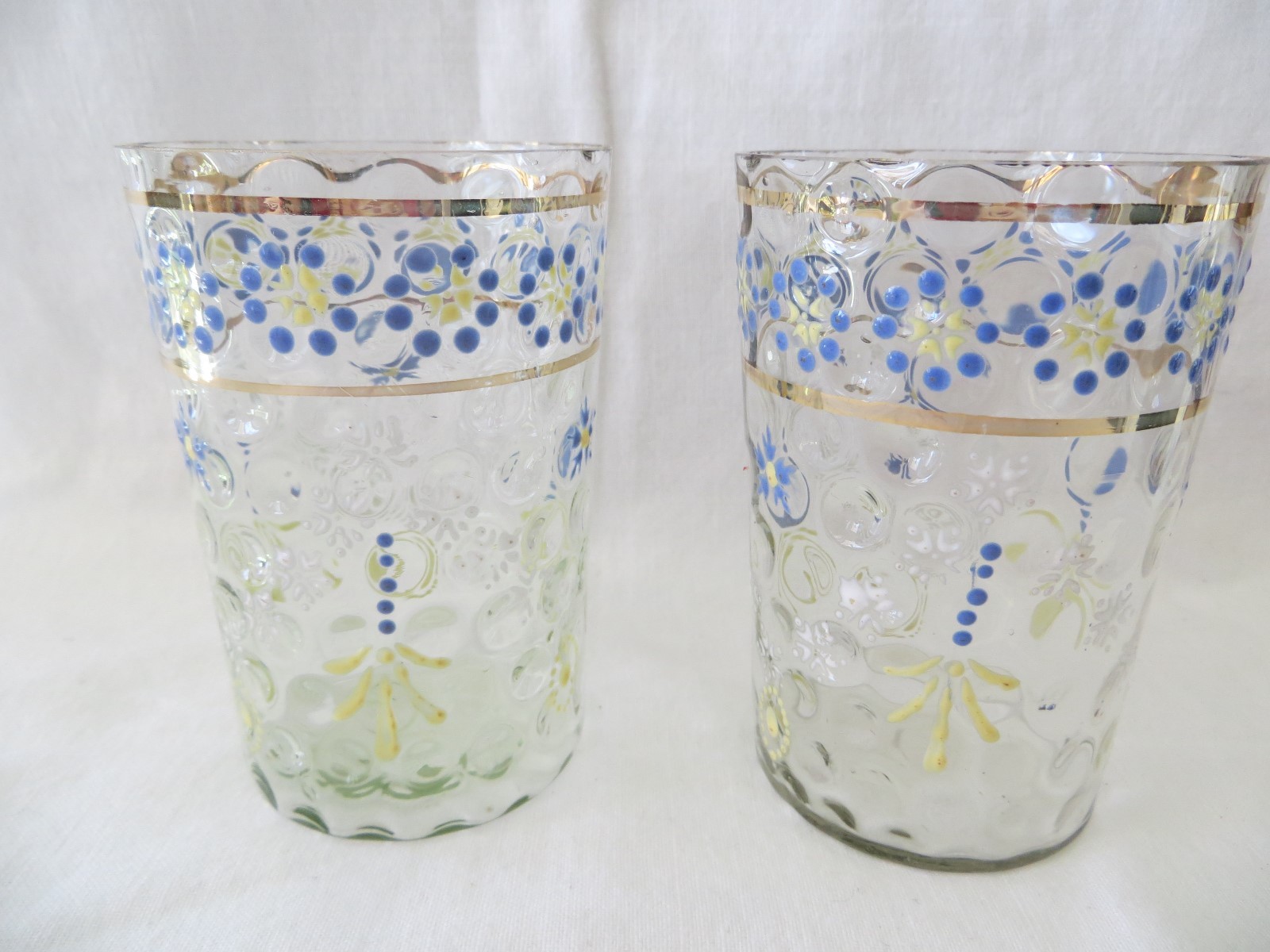 2 Victorian Enameled Glass Tumbler Blue Yellow Flowers Swag Thumbprint Coin Dot