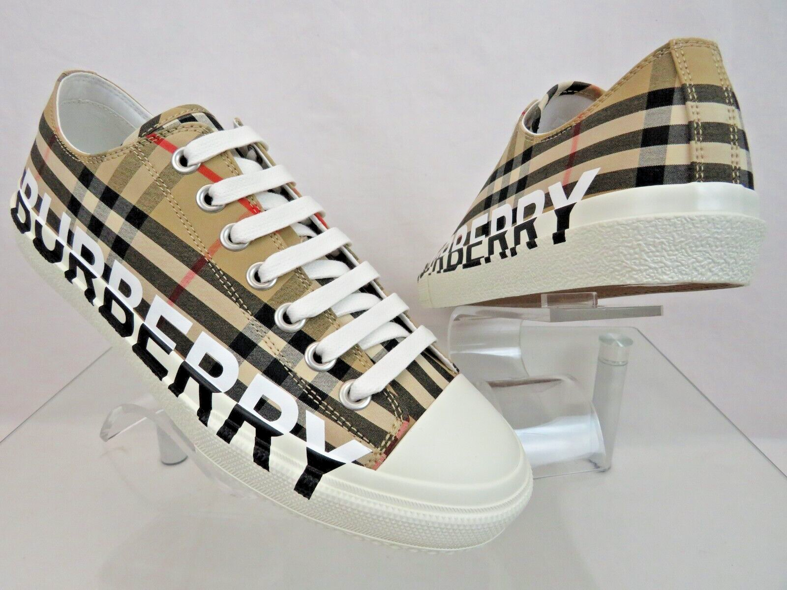 Pre-owned Burberry Larkhall Beige Check Canvas Logo White Cap Toe Unisex Sneakers 41.5