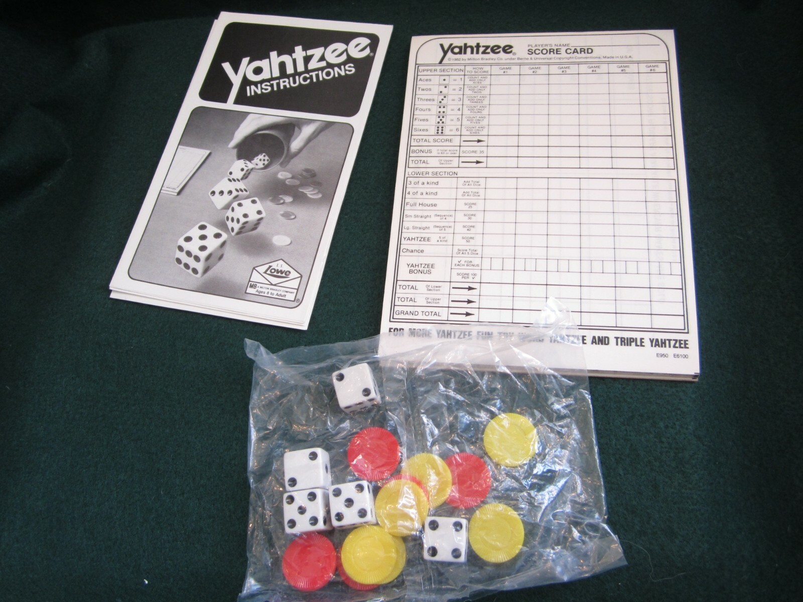 Vintage YAHTZEE Bonus Chips ~ Dice ~ Scorepad ~ Instructions 