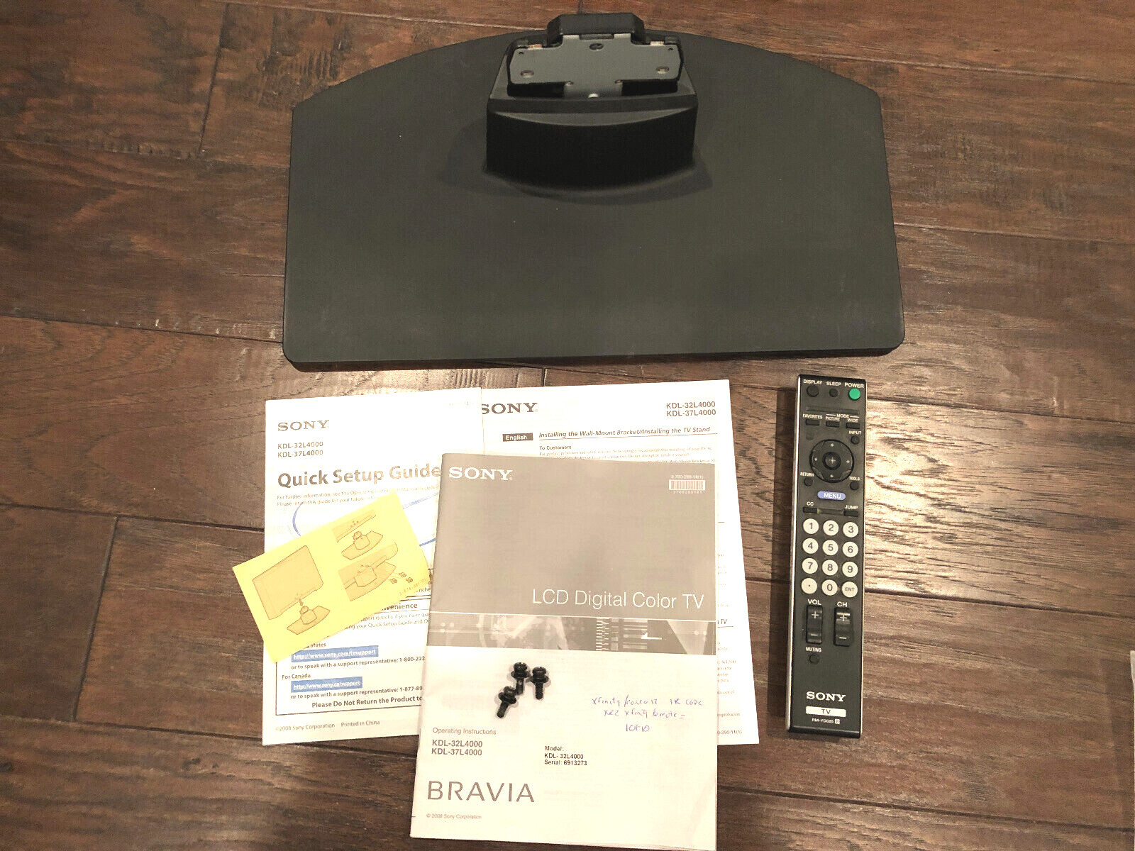 Pedestal Base From Bravia Kdl 32l4000 Tv & Screws, Remote,  Docs.