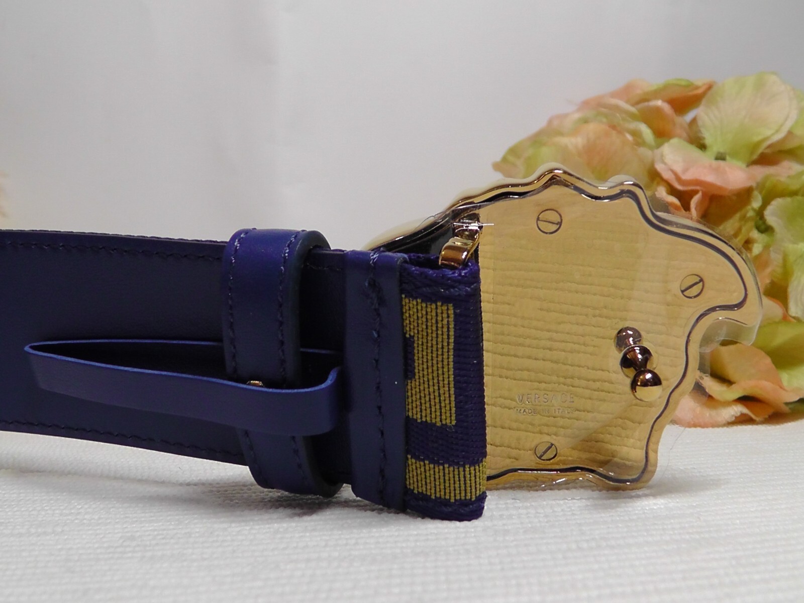Pre-owned Versace Men's La Medusa Blue / Gold Web Belt Size 95cm Or 37 Inches$495nwt